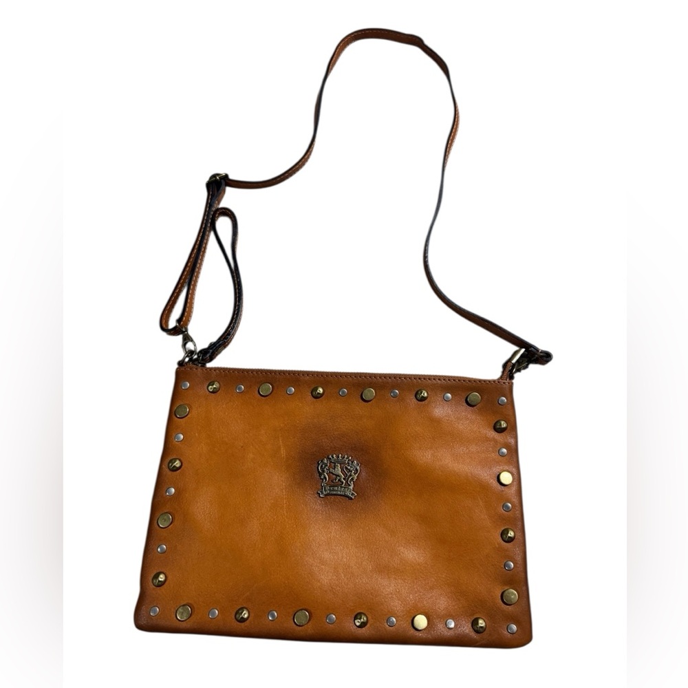Pratesi Firenze Clutch Crossbody Purse Italian Leather Wristlet Tan Studded Bag